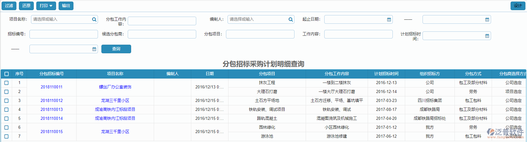 分包招標(biāo)采購(gòu)計(jì)劃明細(xì)報(bào)表查詢