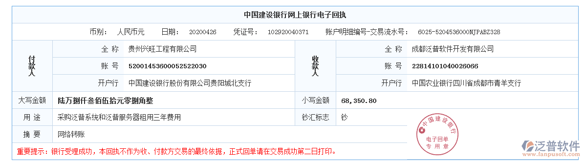 貴州興旺工程有限公司簽約工程項(xiàng)目信息化管理平臺匯款記錄附圖