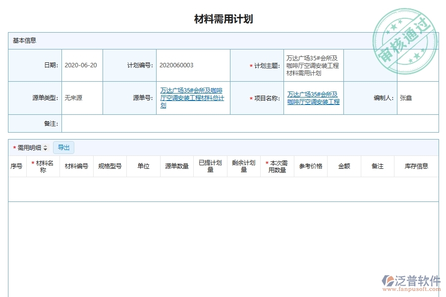 設(shè)備安裝工程材料需用進(jìn)場計(jì)劃的列表