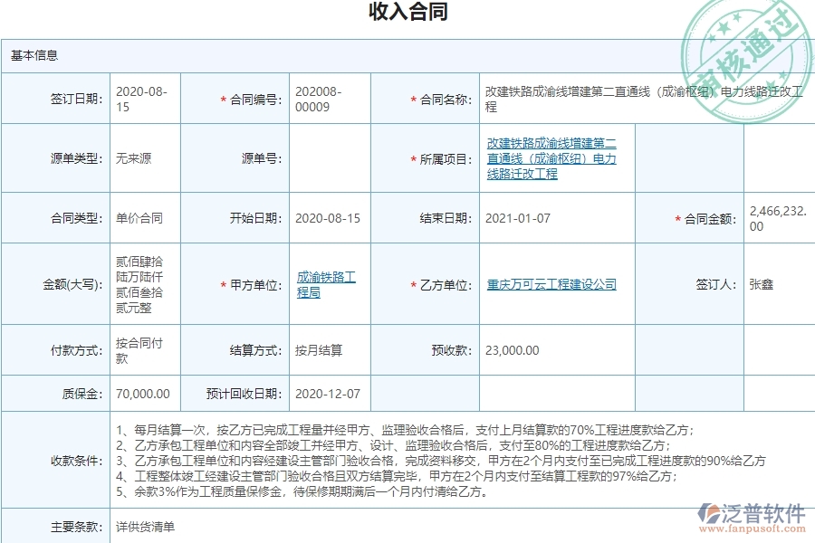 泛普電力工程項目管理系統(tǒng)在完工結算(收入)中的價值