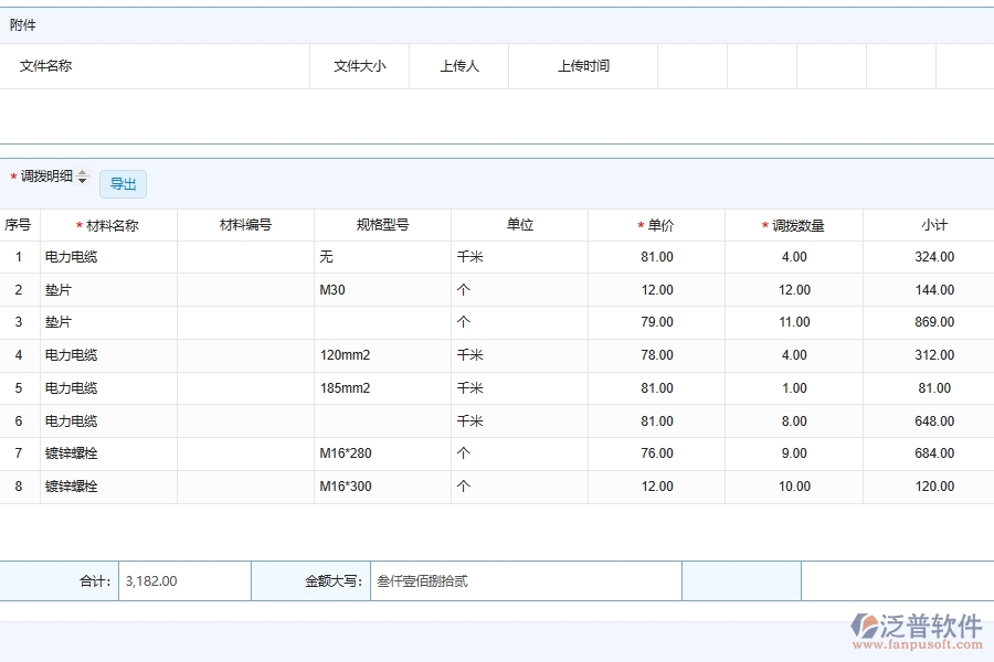 泛普軟件電力工程系統(tǒng)的施工材料調撥明細查詢功能