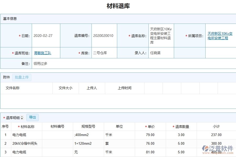設備安裝工程項目管理系統(tǒng)在材料退庫列表中的核心功能