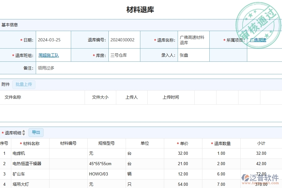 四、泛普軟件-公路工程管理系統(tǒng)在材料退庫明細(xì)查詢中的解決方案