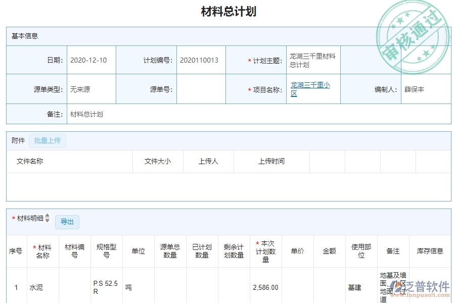 三、泛普軟件-機電工程管理系統(tǒng)在材料執(zhí)行情況表(按總計劃)中的解決方案