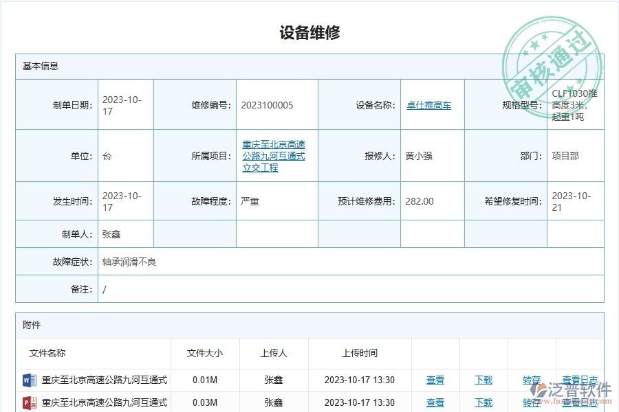 泛普軟件-的路橋工程項目管理系統(tǒng)在設備使用維修保養(yǎng)管理中的方案