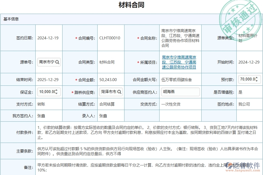 泛普軟件-路橋工程企業(yè)管理系統(tǒng)中材料合同報(bào)表主要功能