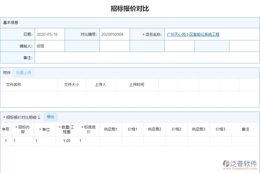 泛普軟件-園林工程企業(yè)管理系統(tǒng)中招標(biāo)對比主要功能