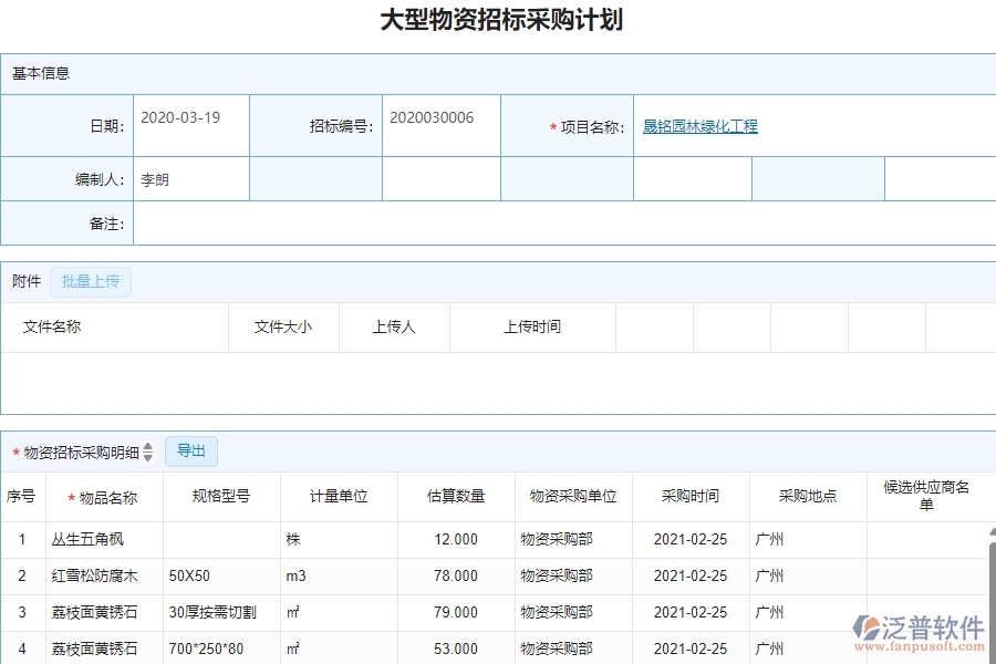 三、泛普軟件-園林工程企業(yè)管理系統(tǒng)中大型物資招標(biāo)采購(gòu)計(jì)劃的內(nèi)容