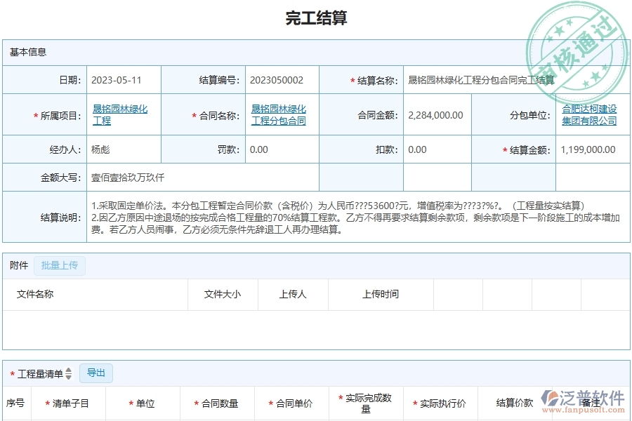 三、泛普軟件-園林工程企業(yè)管理系統(tǒng)中完工結(jié)算主要功能