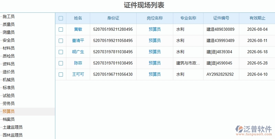 二、泛普軟件-幕墻工程企業(yè)管理系統(tǒng)的證件現(xiàn)場列表為工程企業(yè)帶來七大管理革新