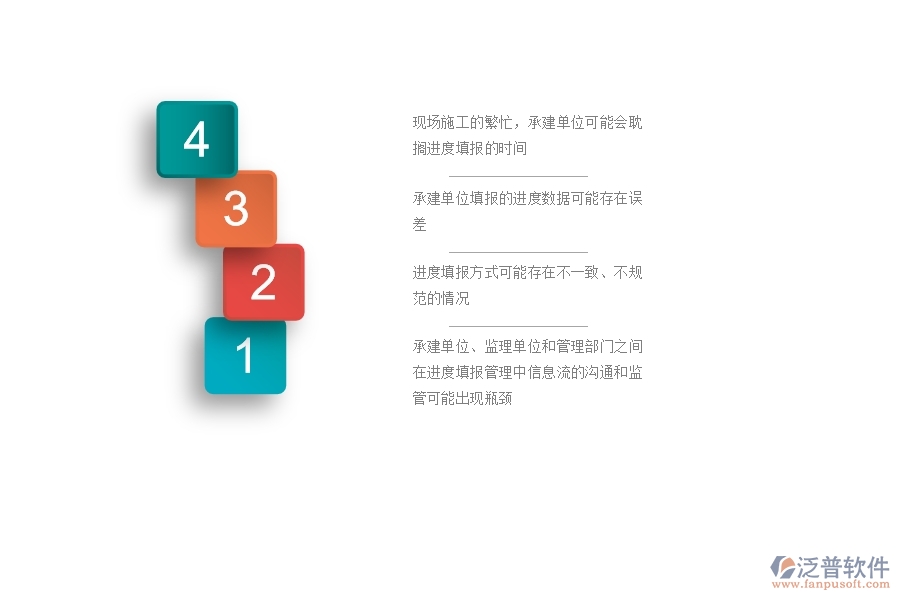 　　一、公路工程企業(yè)在進度列表管理過程中存在的問題有哪些  　　1、現(xiàn)場施工的繁忙，承建單位可能會耽擱進度填報的時間，導致監(jiān)理單位和管理部門不能及時掌握項目的整體進度情況。  　　2、承建單位填報的進度數(shù)據(jù)可能存在誤差，如進度節(jié)點的處理和審核不準確，影響項目進度的跟蹤和管理。  　　3、進度填報方式可能存在不一致、不規(guī)范的情況，如進度條目的格式不正確，起始時間和結束時間不清晰等，給后續(xù)數(shù)據(jù)處理和分析帶來困難。  　　4、在進度填報過程中可能沒有及時記錄，無法追溯，導致后期數(shù)據(jù)統(tǒng)計與分析時無法確定具體的數(shù)據(jù)參考來源。  　　5、可能出現(xiàn)漏填、遺漏或者不完整的情況，導致數(shù)據(jù)處理不準確，影響后續(xù)工作的提前預警、異常處理和決策分析。  　　6、承建單位、監(jiān)理單位和管理部門之間在進度填報管理中信息流的溝通和監(jiān)管可能出現(xiàn)瓶頸，導致監(jiān)管難度加大，進度管理效果下降。  　　二、泛普軟件-公路工程企業(yè)系統(tǒng)中進度列表管理的管控點  　　1、制定進度填報的標準格式，包括條目名稱、填寫格式、單位規(guī)定等，確保各方填報數(shù)據(jù)的格式一致性和標準化。  　　2、明確進度填報的責任人和責任部門，細化填報流程和進度監(jiān)管機制，確保進度數(shù)據(jù)的完整性和準確性。  　　3、采用信息化手段，如進度管理系統(tǒng)、移動App等，實現(xiàn)企業(yè)信息化管理和數(shù)據(jù)共享，促進信息共享和協(xié)同工作。  　　4、在現(xiàn)場設立進度填報點，配備專人跟蹤填報進度數(shù)據(jù)，并對填報數(shù)據(jù)進行審核和公示，有效控制填報數(shù)據(jù)的準確性和實時性。  　　5、對進度數(shù)據(jù)進行分析，及時發(fā)現(xiàn)進度異常情況并進行預警和處理，以便保證項目進度的正常推進和提高施工效率。  　　6、將進度填報數(shù)據(jù)進行歸檔，建立進度數(shù)據(jù)檔案庫，方便后期數(shù)據(jù)的查找和溯源，也便于后續(xù)的經(jīng)驗總結和管理優(yōu)化。  　　三、泛普軟件-公路工程系統(tǒng)中進度列表管理的技術優(yōu)勢  　　1、提高數(shù)據(jù)處理和分析的效率，實現(xiàn)實時數(shù)據(jù)共享和協(xié)同工作，減少重復工作和數(shù)據(jù)錯誤，提升工作效率和施工質量。  　　2、相較于傳統(tǒng)手工填寫，數(shù)據(jù)的準確性和實時性得到了很大程度上的提升，能夠更為精準地掌握項目進度的狀態(tài)，提升項目和施工質量。  　　3、通過數(shù)據(jù)歸檔和建立數(shù)據(jù)檔案庫的方式，將填報的數(shù)據(jù)進行歸檔，能夠方便后續(xù)的數(shù)據(jù)查找、溯源和數(shù)據(jù)分析，為后續(xù)工作提供數(shù)據(jù)支撐和決策依據(jù)。  　　4、實現(xiàn)不同部門和人員之間的信息共享和協(xié)同工作，能夠減少信息孤島和信息壁壘的出現(xiàn)，提高協(xié)同工作效率和施工質量。  　　5、及時發(fā)現(xiàn)和處理施工過程中的問題和風險，及時調整和優(yōu)化施工進度和資源配置，提高工作流程和管理效率。  　　四、泛普軟件-公路工程管理系統(tǒng)在進度列表中的解決方案  　　1、數(shù)據(jù)采集：通過系統(tǒng)采集設備監(jiān)測、人員作業(yè)等數(shù)據(jù)，實現(xiàn)數(shù)據(jù)自動化和準確性。  　　2、進度分解：將工程項目按工序分解成多個節(jié)點，通過進度管理系統(tǒng)進行進度規(guī)劃，確定各工序的計劃開始時間、結束時間、工期等信息，形成進度計劃表。  　　3、進度跟蹤：通過實時監(jiān)控工程進度，對進度偏差情況進行預警和報警，及時調整進度計劃，保證施工工序按照計劃有序進行。  　　4、進度協(xié)同：系統(tǒng)內部溝通協(xié)作，實現(xiàn)不同人員、部門的進度信息共享和協(xié)同工作，減少信息重復填寫和過時的情況，提高工作效率。  　　5、進度分析：通過進度數(shù)據(jù)分析，快速判斷工程進度的偏差情況和原因，對進度延誤和提前因素進行分析和處理，提高工程質量和效益。  　　6、進度報告：根據(jù)進度數(shù)據(jù)生成報表和圖表，實現(xiàn)進度數(shù)據(jù)的可視化展示，為管理決策提供數(shù)據(jù)支撐。