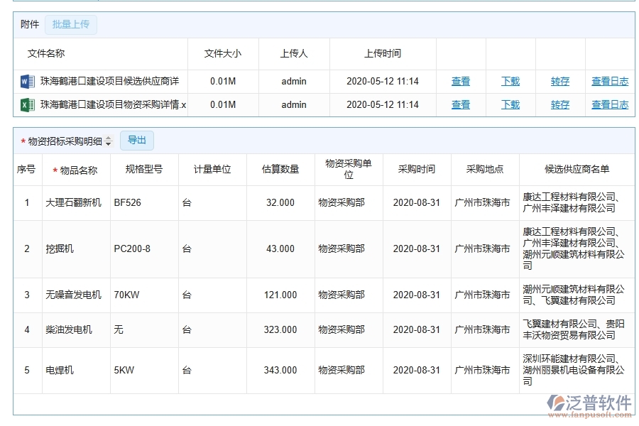 泛普軟件-幕墻工程企業(yè)管理系統(tǒng)中大型物資招標(biāo)采購(gòu)計(jì)劃明細(xì)查詢的主要功能