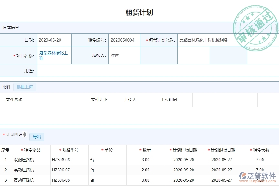 三、泛普軟件-園林工程企業(yè)管理系統(tǒng)的租賃合同的管控點
