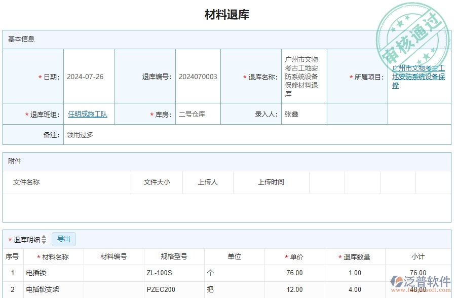 三、泛普軟件-安防工程企業(yè)管理系統(tǒng)材料退庫明細查詢的管控點及作用