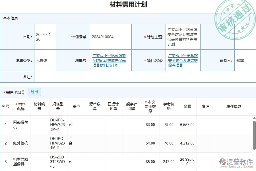 三、泛普軟件-安防工程管理系統(tǒng)中材料需用計(jì)劃的幾個(gè)優(yōu)勢(shì)是什么