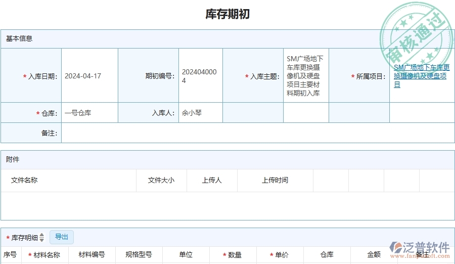 三、泛普軟件-安防工程企業(yè)管理系統(tǒng)中的庫存期初列表主要內(nèi)容