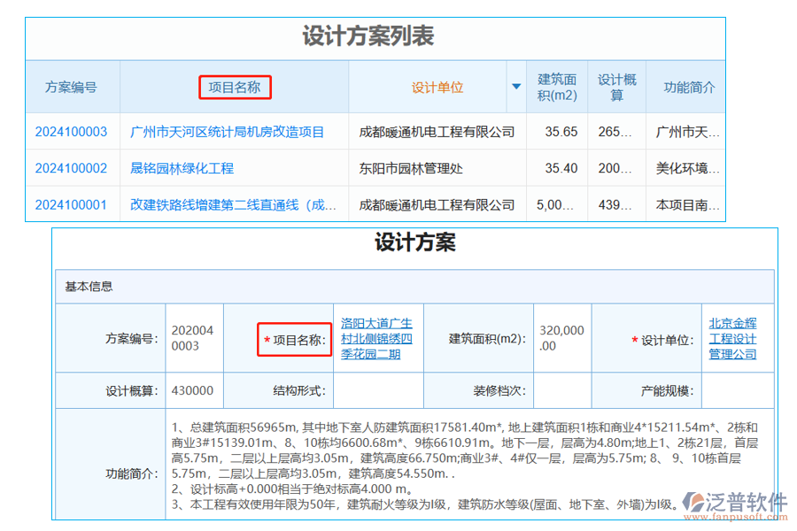 設計方案列表中【項目名稱】字段