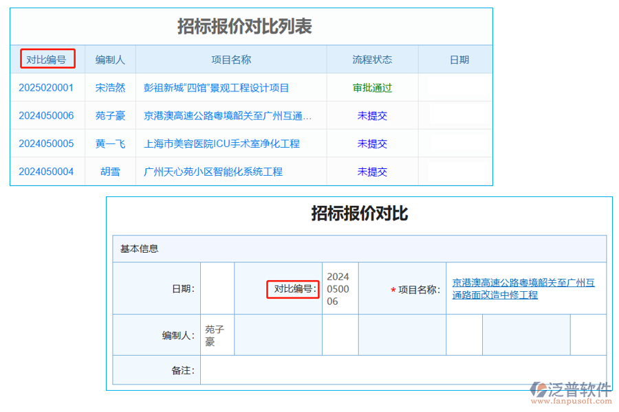 招標(biāo)報(bào)價(jià)對比列表中【對比編號(hào)】字段