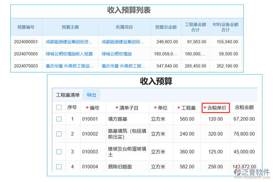 收入預算列表中【含稅單價】字段的亮點