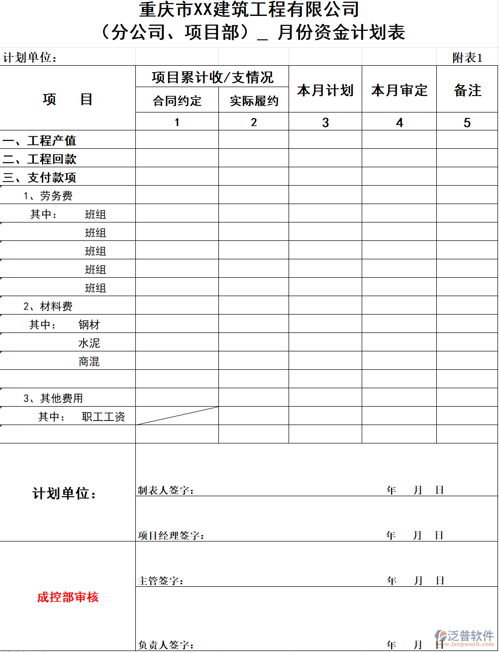 建筑工程公司（分公司、項目部）  月份資金計劃表.png